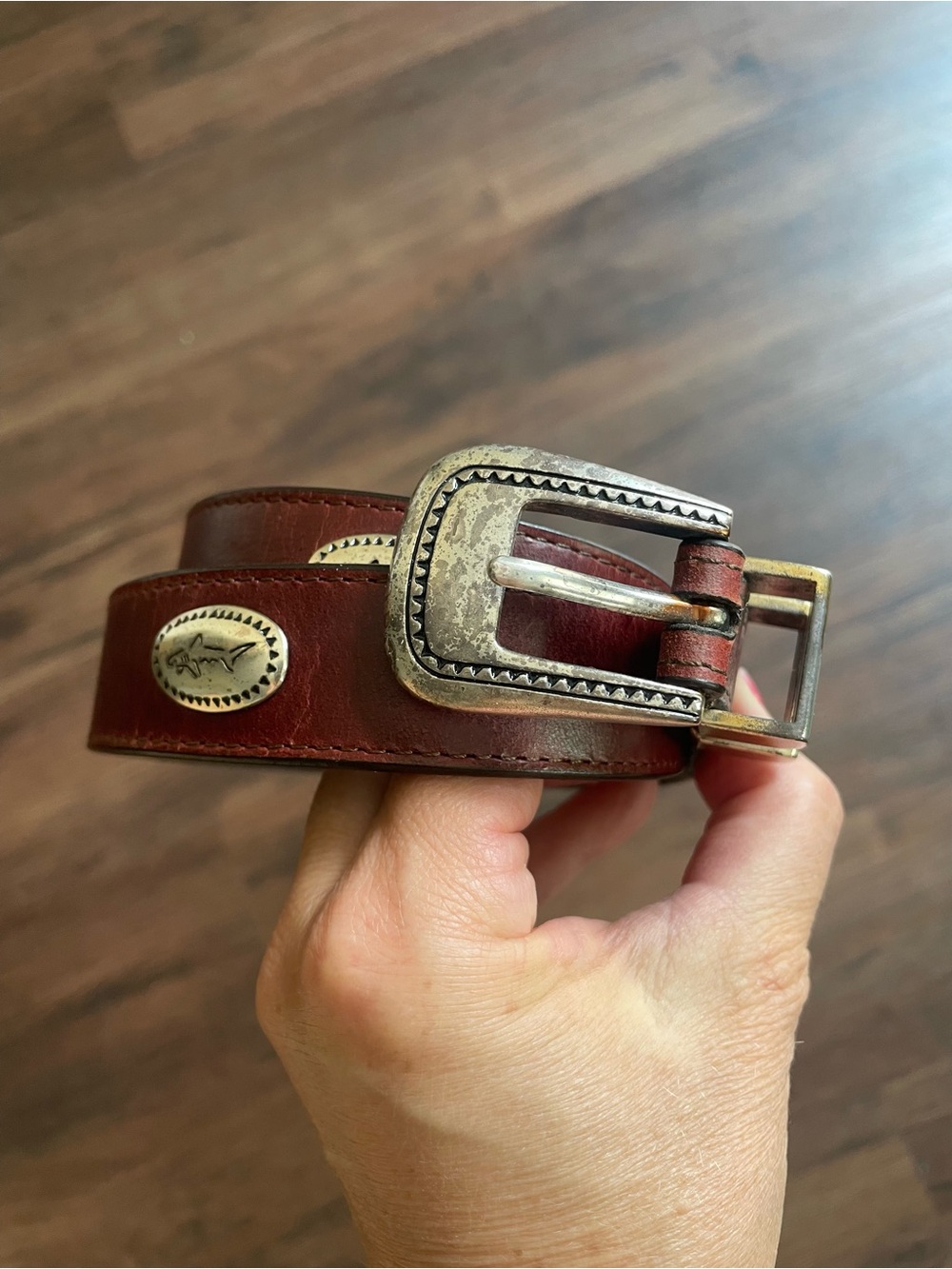 Greg Norman READ Men 42 Italian Leather Conchos Belt Shark SilverTone Hardware